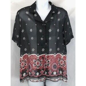 MG Paris Sheer Chiffon Top L Gray Red Geo Tribal shortSleeve Boho Artsy Abstract